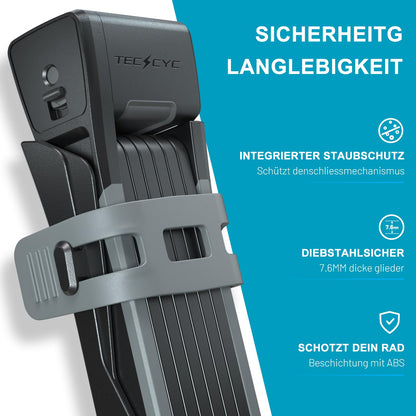 TECHCYC bike lock, folding bike lock with 3 keys, theft-proof, sturdy bike lock made of hardened carbon steel, high-security bike lock including bracket (120cm)
