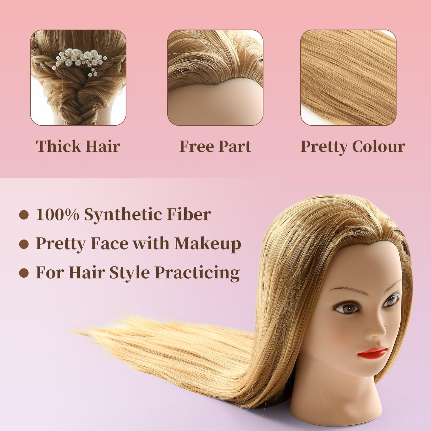 Mannequin Head Hairdresser Real Hair 100% Synthetic Hair Hairdresser Head Practice Head Hairdresser 26” Training Heads Doll Head Hairdresser Head With Stand + DIY Hair Set