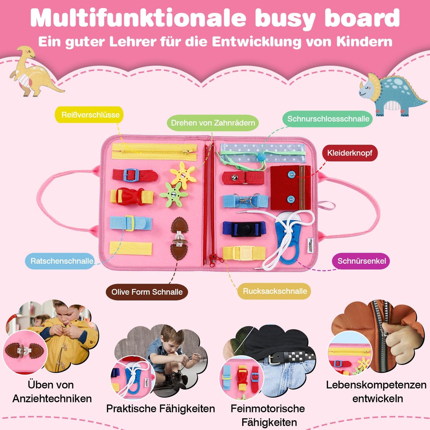 JHkim Busy Board German Montessori Toy for 1 2 3 4 year olds, boys & girls, kids sensory gift, Activity Board learning toy, Motor Skills toy for travel car & plane.