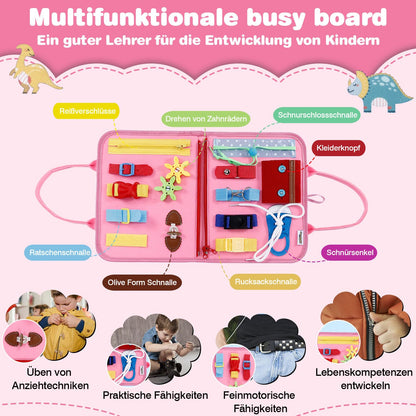 JHkim Busy Board German Montessori Toy for 1 2 3 4 year olds, boys & girls, kids sensory gift, Activity Board learning toy, Motor Skills toy for travel car & plane.