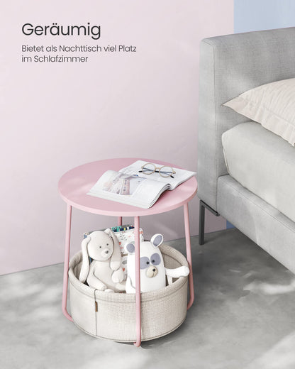 VASAGLE Round Side Table, Small End Table, Small Coffee Table, Living Room Table, Fabric Basket, Storage for Living Room Bedroom, Modern Nightstand, Pastel Pink-Cream White LET223R61