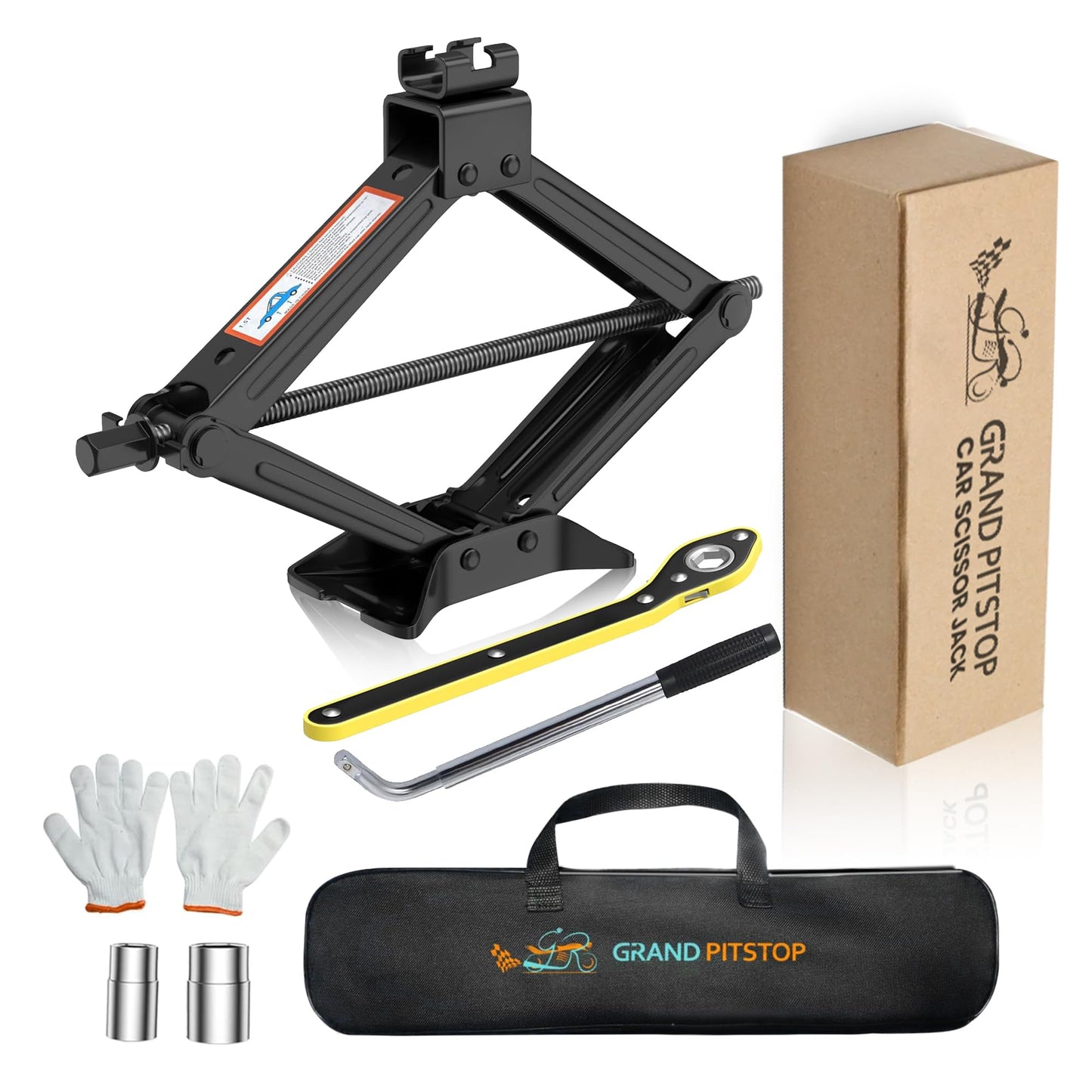 GRAND PITSTOP Car Jack Kit includes a 2 Ton (4409 lbs) Scissor Jack, Lug Wrench, and Tire Changing Kit. Universal Car Emergency Tool Kit for Cars, SUVs, and MPVs.