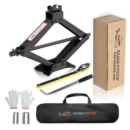 GRAND PITSTOP Car Jack Kit includes a 2 Ton (4409 lbs) Scissor Jack, Lug Wrench, and Tire Changing Kit. Universal Car Emergency Tool Kit for Cars, SUVs, and MPVs.