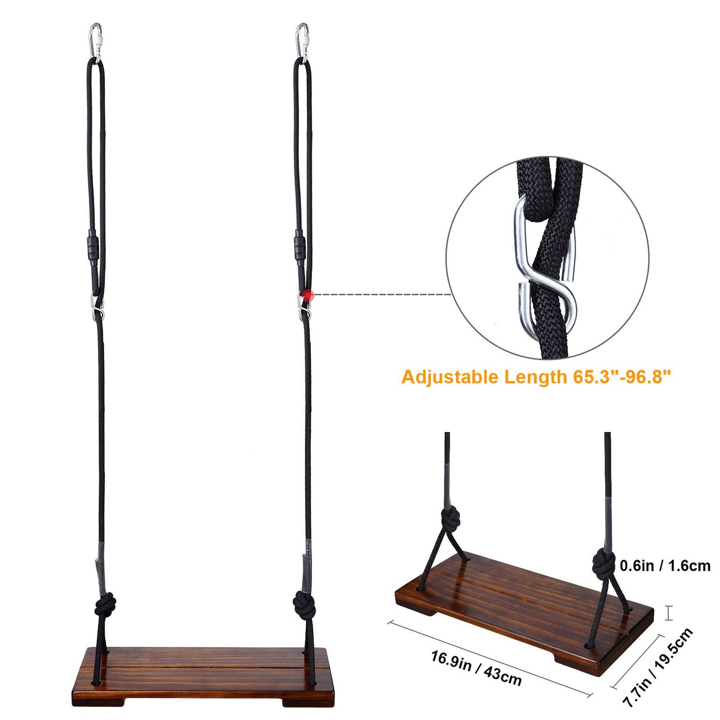 PELLOR Wooden Swing Seat Adult Swing Kids Swing Garden Board Swing for Indoor Outdoor Games with Adjustable Height Rope Loadable up to 200KG (Brown)