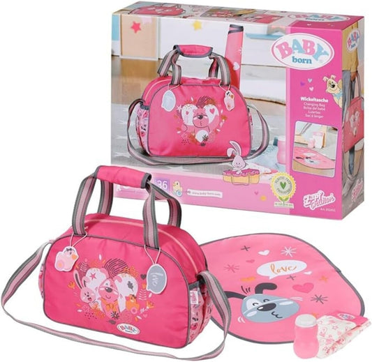Zapf Creation 832455 BABY born Changing Bag - Doll changing bag in pink and grey including changing mat, diaper, and powder compact.