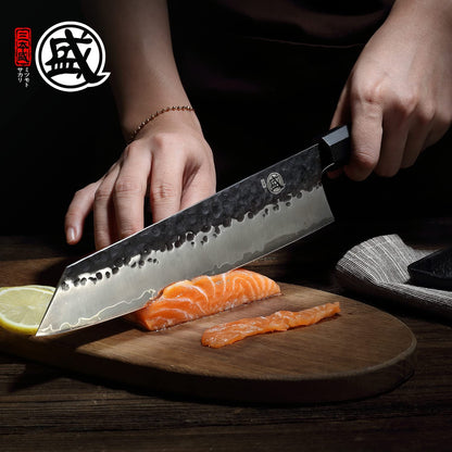 MITSUMOTO SAKARI 23 cm Japanese chef's knife, Kiritsuke kitchen knife Professional steel with high carbon content, Hand-forged meat knife (Rosewood handle & Boutique wooden box)