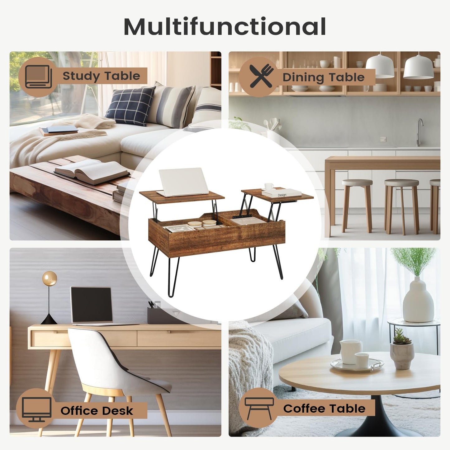 WOLTU coffee table, height-adjustable living room table, extending, retractable coffee table, separate hidden storage compartment, double lifting plate, vintage brown sofa table, wood composite, metal.