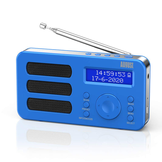August MB225 - Portable radio with DAB+ / DAB/FM RDS function 40 presets digital radio alarm clock stereo/mono digital radio with sleep timer dual alarm snooze and rechargeable battery audio input.
