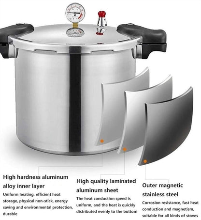 25 liter pressure cooker canner for all American canning needs, water bath canner included. Features pressure gauge, pressure regulator, and induction compatibility. Pressure release valve set at 13 PSI +/- 5%.