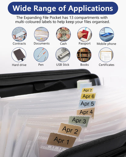 A4 document folder, Fireproof document box, Waterproof document bag with 13 compartments and multiple pockets for office, home, school. Zippered document pouch for papers and valuables.