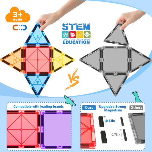 100 Magnetic Tiles STEM Building Toy with 2 Cars, Sensory Magnetic Blocks for Toddlers and Kids, Preschool Montessori Toy Gifts for Boys and Girls Ages 3+