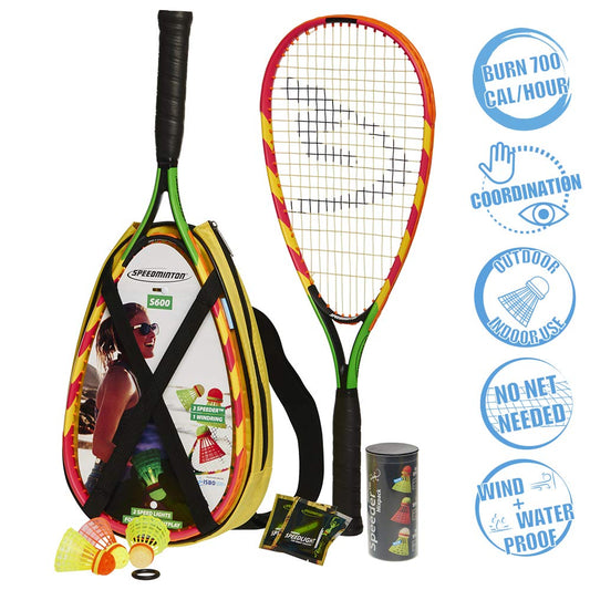Speedminton S600 Set, Green/Yellow/Pink, One Size & Cross Speeder – 3 Pack Speed Badminton/Crossminton Outdoor Ball incl. Windring