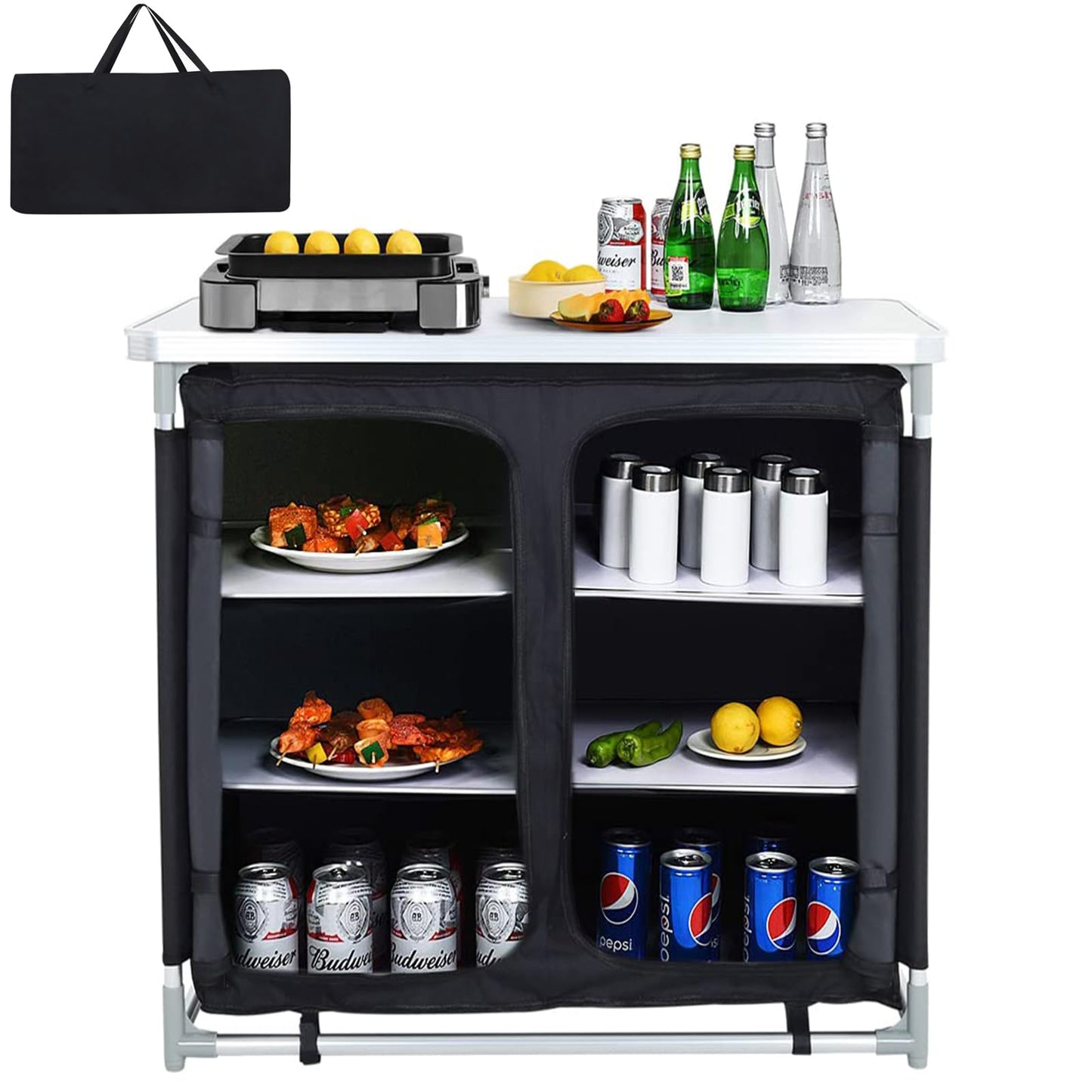 Warmiehomy Camping Kitchen Cabinet Foldable, Portable Camping Cabinet with Aluminum Frame & 1 Double Compartment, Mobile Outdoor Camping Kitchen Table for Picnic, Travel, Beach, Black, 100×50×80 cm