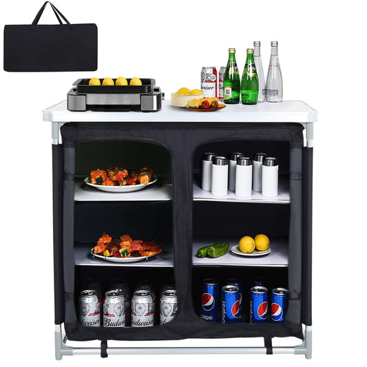 Warmiehomy Camping Kitchen Cabinet Foldable, Portable Camping Cabinet with Aluminum Frame & 1 Double Compartment, Mobile Outdoor Camping Kitchen Table for Picnic, Travel, Beach, Black, 100×50×80 cm