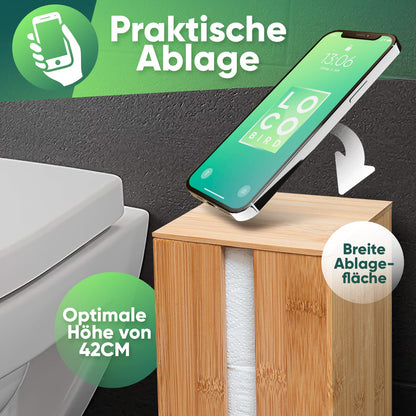 Loco Bird bamboo toilet paper holder - storage for 4 rolls - freestanding toilet paper holder with lid, wooden toilet paper storage, toilet paper roll holder.