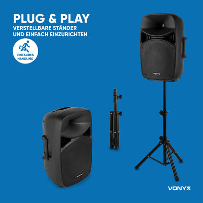 Vonyx VPS122A PA speaker set with stand and microphone, 1000 watts 12-inch LED active boxes, party box Bluetooth with tripods, USB, SD, MP3, PA system complete set, DJ speakers, tripod speaker set
