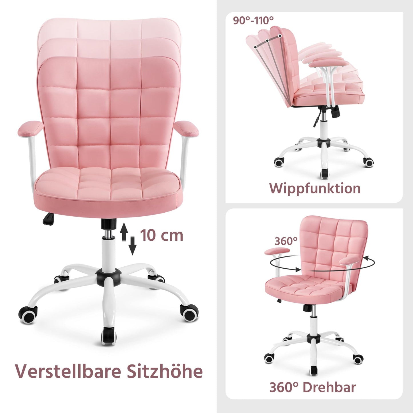 Yaheetech Homeoffice Chair Desk Chair Office Chair Work Chair made of artificial leather, swivel chair with soft armrests, height-adjustable padded chair computer chair with casters, pink