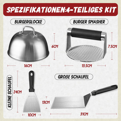 Univinlions Smash Burger Set, Professional Burger Smasher with Smash Burger Press, Burger Bell, Large Grill Spatula & Pancake Turner, Stainless Steel 4-Piece Grill Accessory for Patties, Teppanyaki, Barbecue