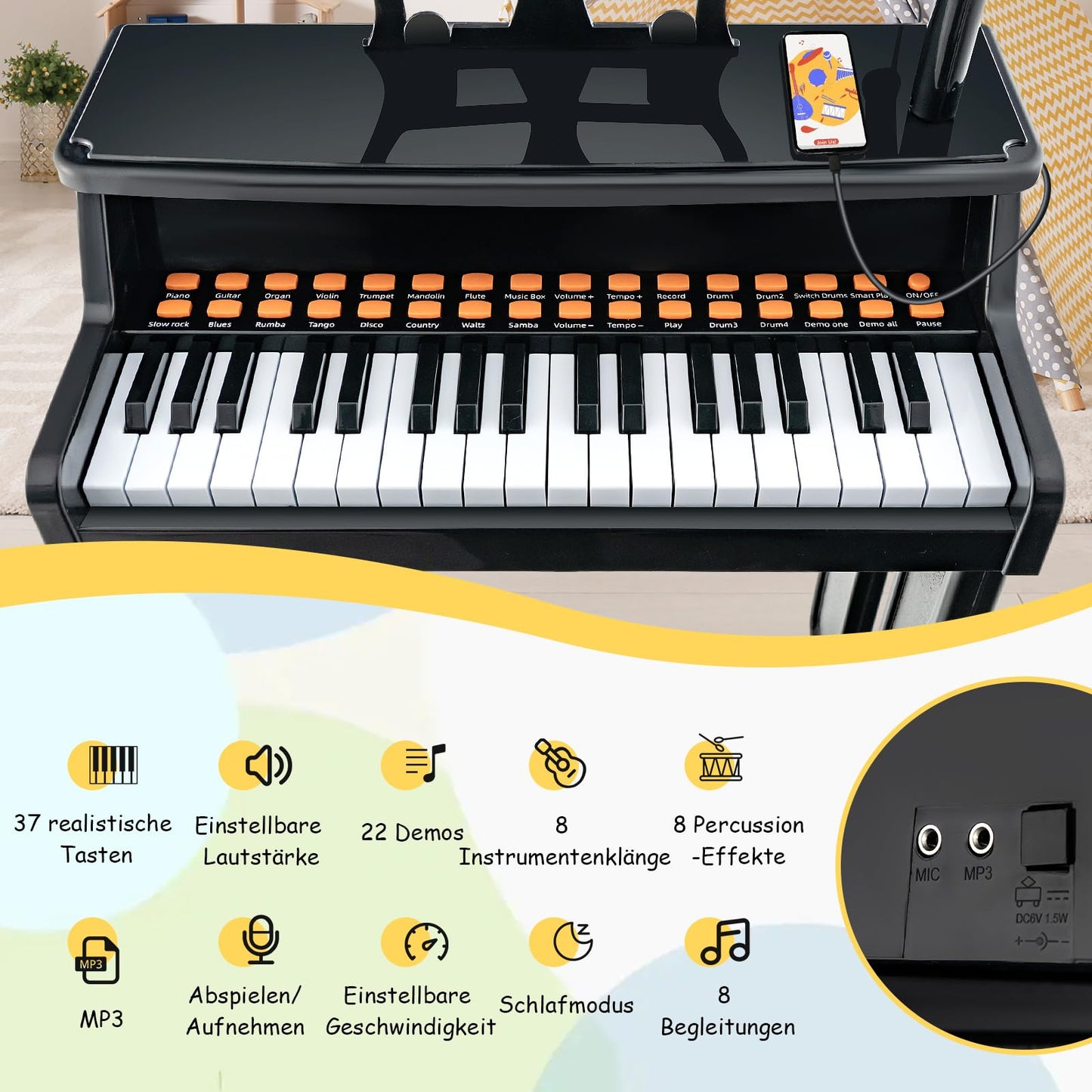 COSTWAY 37-Key Kids Keyboard, electronic child piano with stool, adjustable microphone & music stand, kids piano keyboard for children aged 3 and up (Black)