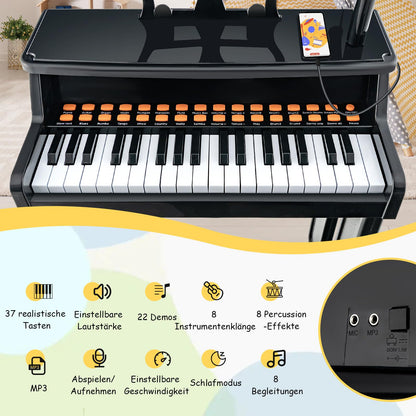 COSTWAY 37-Key Kids Keyboard, electronic child piano with stool, adjustable microphone & music stand, kids piano keyboard for children aged 3 and up (Black)