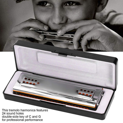 24 Holes C & G Key Double-sided Harmonica, Tremolo Harmonica with Box Musical Instrument for Beginners