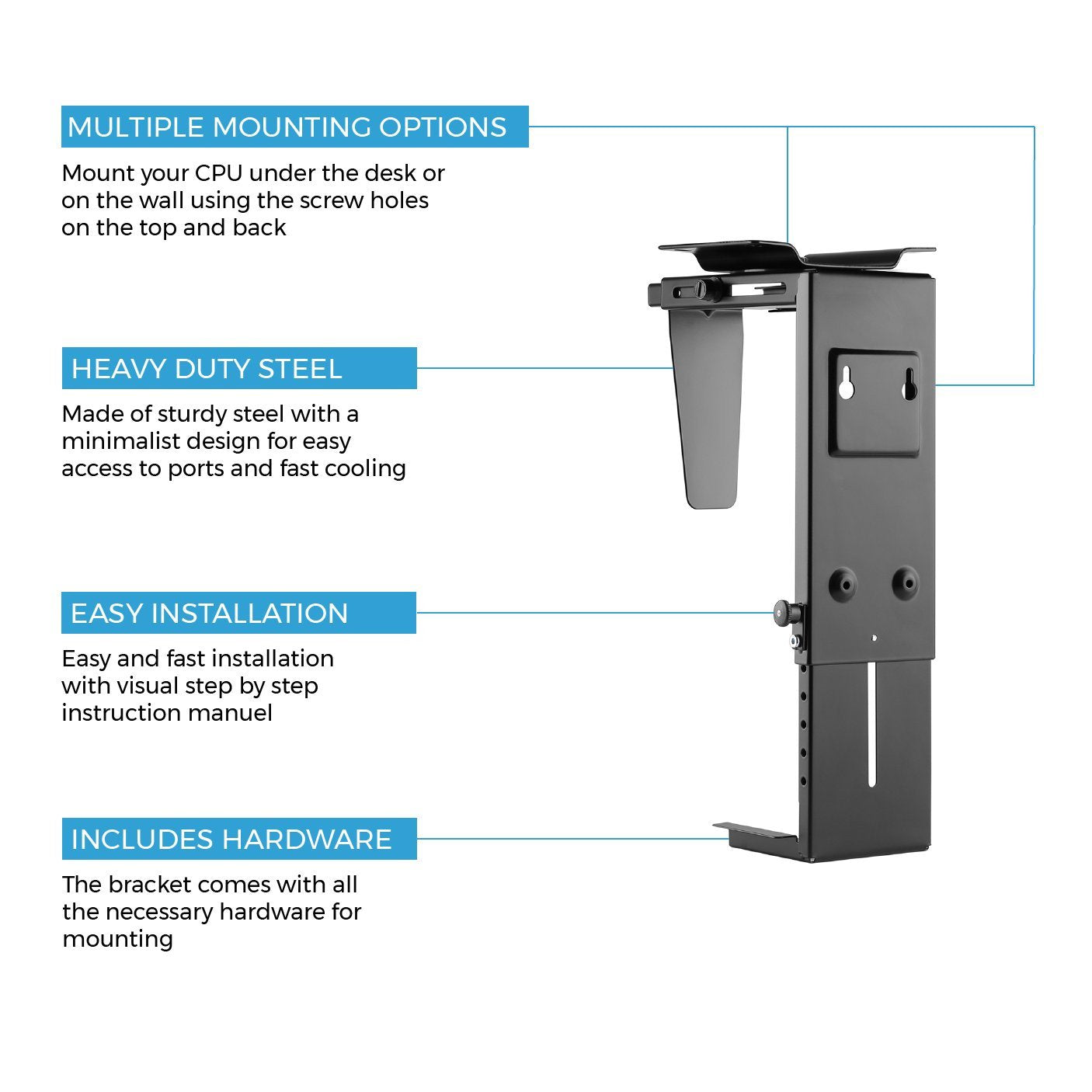 HumanCentric Adjustable PC Mount and CPU Holder, PC mount under desk, computer mount, fits most PC or computer cases, tower mount, PC under desk mount