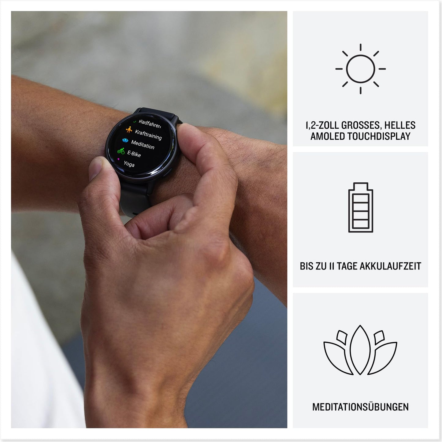 Garmin Vivoactive 5 - GPS smartwatch with 1.2" AMOLED touch display, fitness and health features, and music functions.