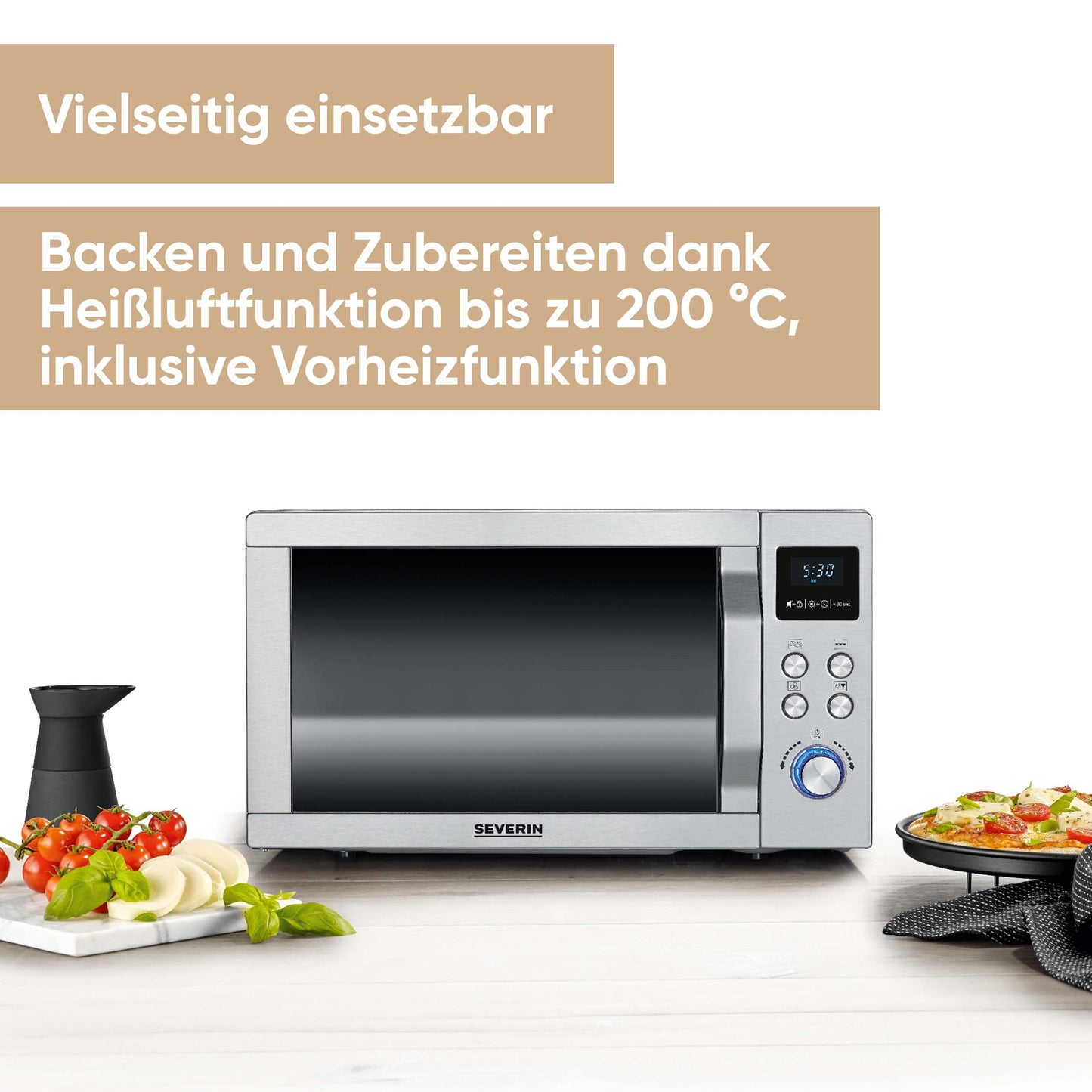 SEVERIN microwave with grill and hot air function 3-in-1, for thawing, steaming and heating, microwave with turntable, brushed stainless steel/silver, MW 7774