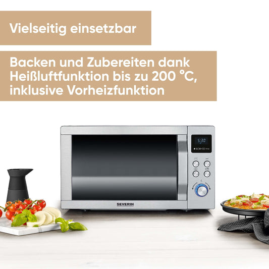 SEVERIN microwave with grill and hot air function 3-in-1, for thawing, steaming and heating, microwave with turntable, brushed stainless steel/silver, MW 7774