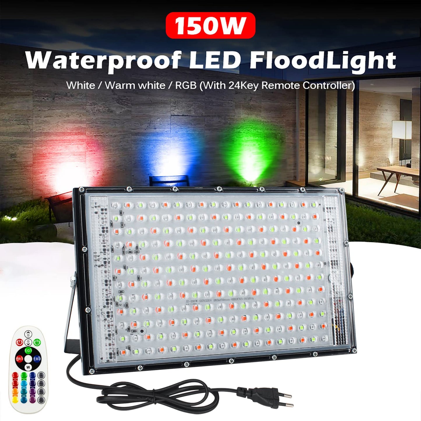 Elegant LED RGB spotlight outdoor 150W, 2pcs super-bright LED floodlights with plug construction spotlight floodlight IP65 waterproof outdoor spotlight for yard garden garage sports field.