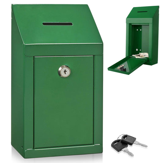 Metal donation box for wall mounting or countertop, with coin slot, lock with 2 green keys.