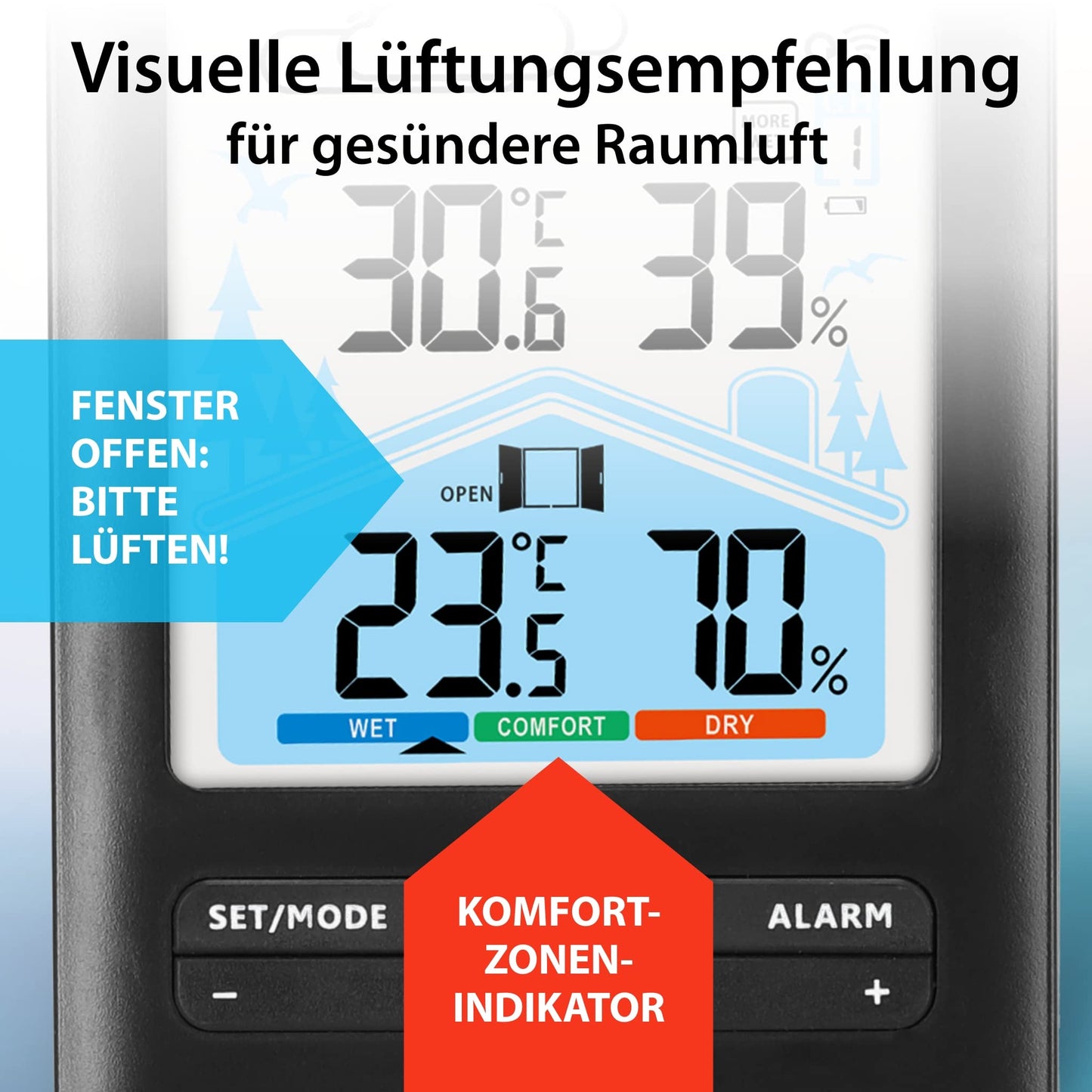 ADE weather station with radio control, outdoor sensor, and radio alarm clock. Includes ventilation recommendation, hygrometer, thermometer, 2 alarms, animated weather forecast, snooze function, and LCD color display.