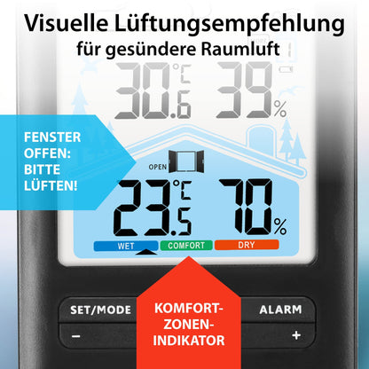 ADE weather station with radio control, outdoor sensor, and radio alarm clock. Includes ventilation recommendation, hygrometer, thermometer, 2 alarms, animated weather forecast, snooze function, and LCD color display.