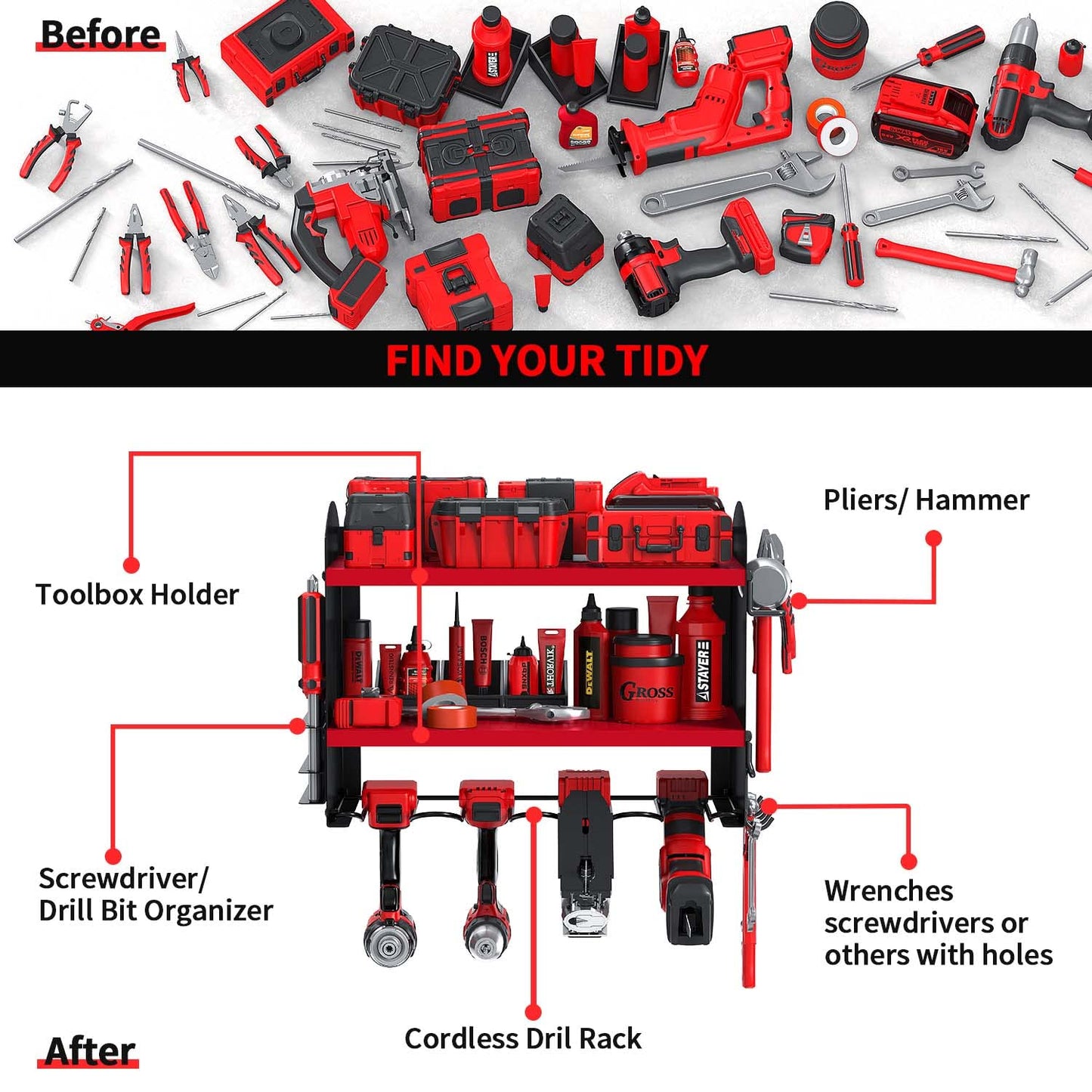 Tool storage drill holder Wall mounted cordless hammer drill 4 slots Heavy duty electric drill storage rack Screwdriver organization tool holder tool rack (Red)