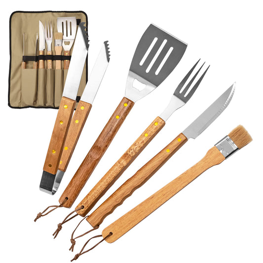 BBQ utensil set (5 pieces): Includes grill tongs, meat fork, grill knife, brush, and grill spatula. Comes with carrying bag, perfect grilling accessories for men. Made of stainless steel.