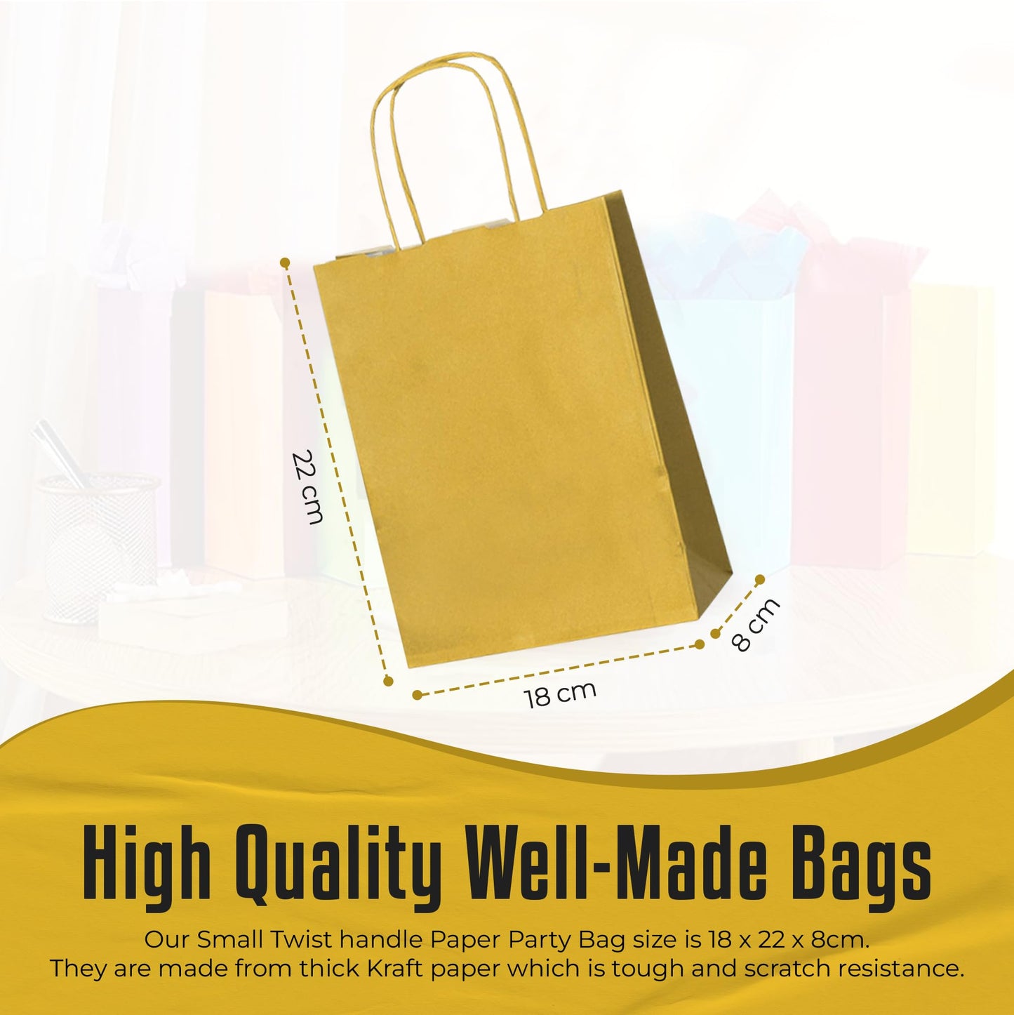 Thepaperbagstore 30 Gold paper party bags with handles – 18x22x8 cm – Colorful paper gift bags for children, parties, birthdays, weddings, confectionery and retail stores.
