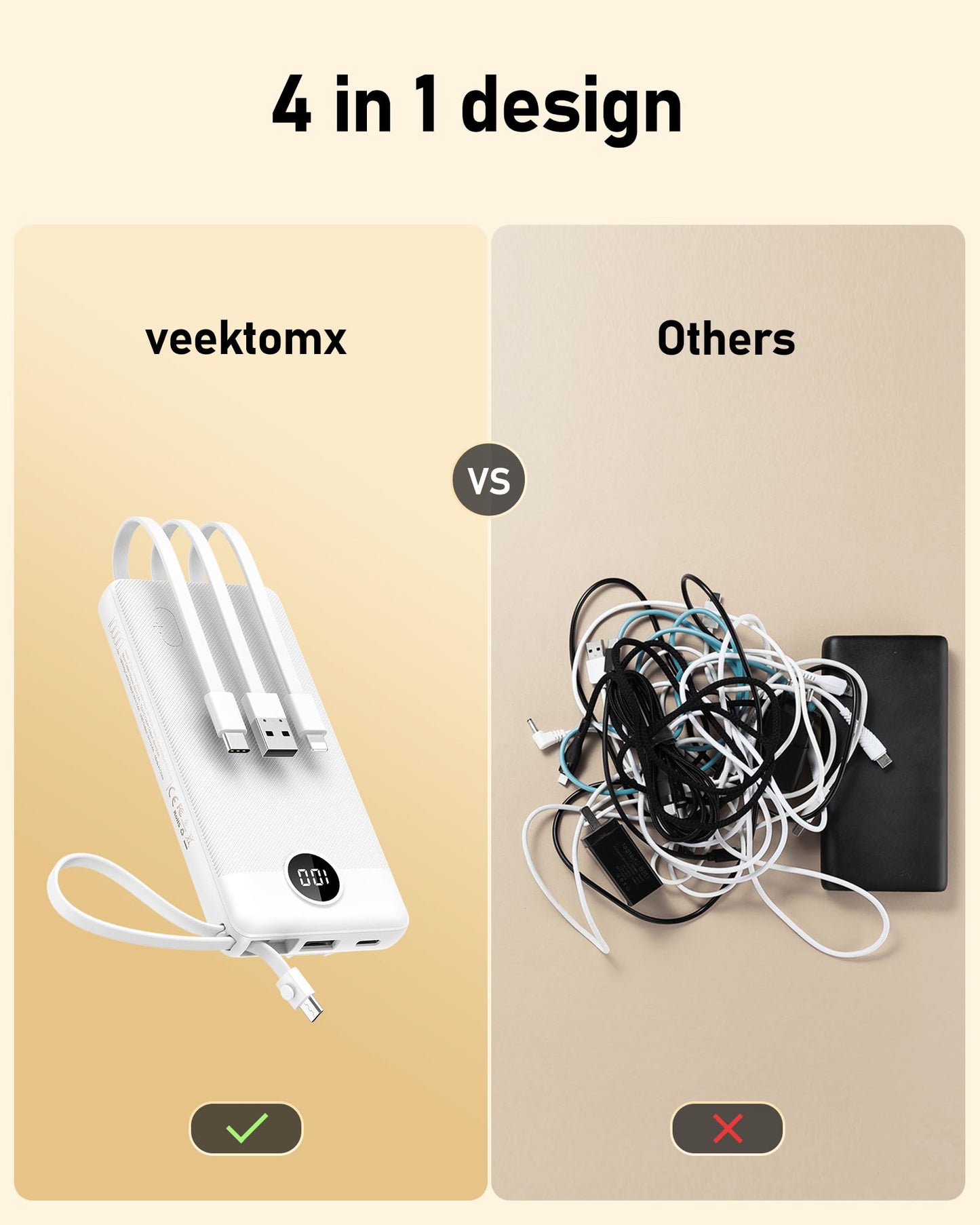 Powerbank 10000mAh Power Bank with Cable VEEKTOMX USB C Powerbank External Mobile Batteries with 5 Outputs LED Display External Battery Compatible with iPhone/Samsung Galaxy/Xiaomi/Huawei/iPad, etc.