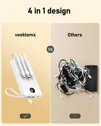 Powerbank 10000mAh Power Bank with Cable VEEKTOMX USB C Powerbank External Mobile Batteries with 5 Outputs LED Display External Battery Compatible with iPhone/Samsung Galaxy/Xiaomi/Huawei/iPad, etc.
