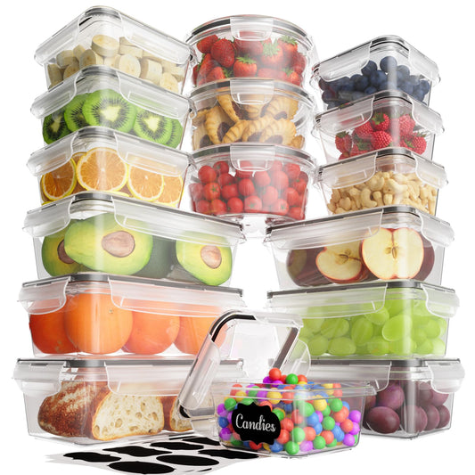 32-piece set of Withosent airtight plastic food containers with lids (16 containers + 16 lids). Perfect for storing food in the fridge, freezer, or microwave. Available in various sizes ranging from 1L to 350ml.