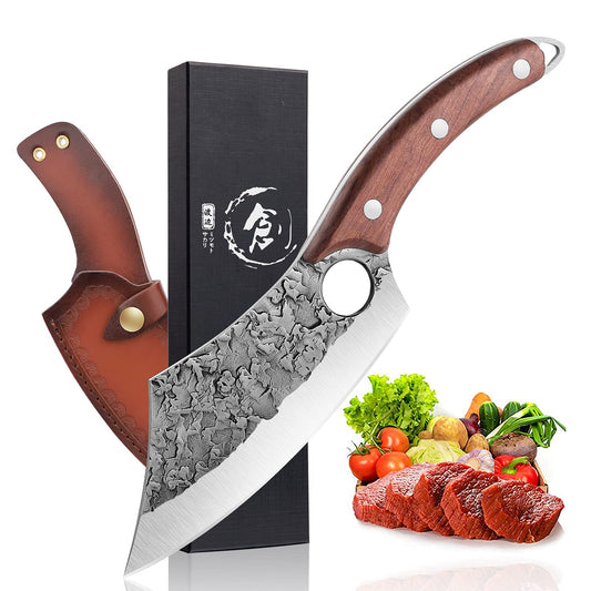 Dream Reach Hack Knife with Wooden Handle, Sharp Boning Knife Chef Knife Professional Hand-Forged Full Tang Butcher Knife with Leather Sheath Butcher's Axe for Kitchen Grill Outing Full Tang