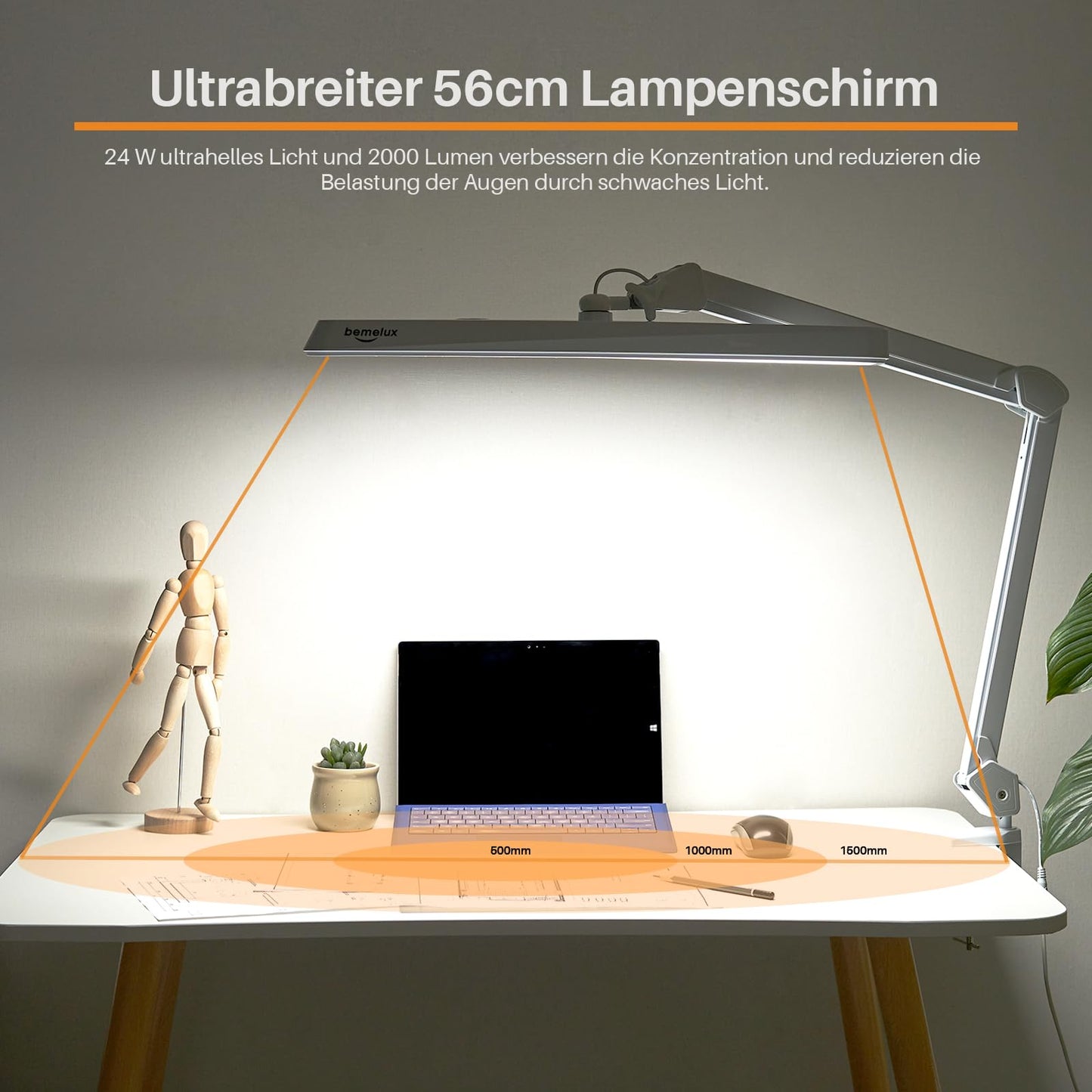 bemelux Rotatable LED desk lamp with clamp, 24W, 2000 lumens, 56cm ultra-wide lampshade, 234 SMD LEDs, 5 brightness levels, 5 adjustable color temperatures (White)