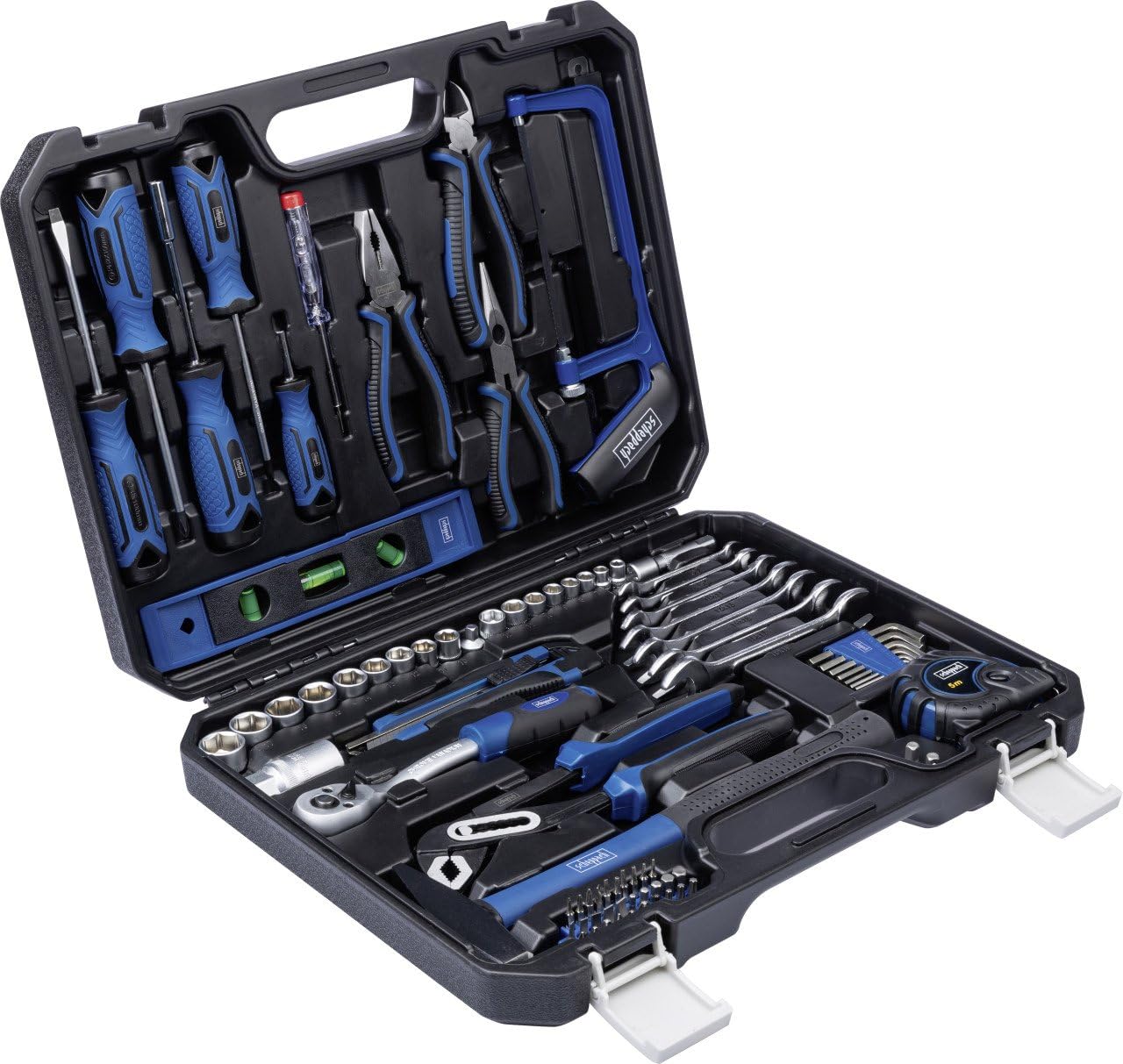 Scheppach tool case WZK120 | 97-piece tool set in sturdy plastic case | Tools with rubberized handles | Bit sets, screwdrivers, hex socket wrench inserts and more.