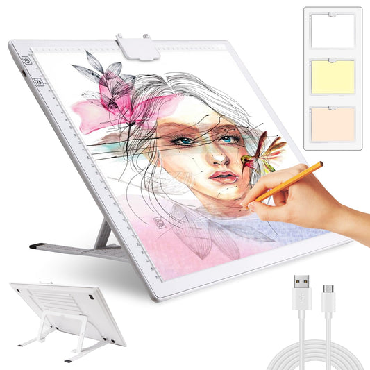 A3 light table, rechargeable LED light pad with 3 color modes and 6 brightness levels. Ideal for tracing, diamond painting, drawing, and sketching.