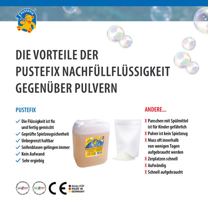 PUSTEFIX 3 x 5 liter refill canister, made in Germany. Perfect for weddings, children's birthdays, and summer parties. Colorful bubbles for kids and adults.