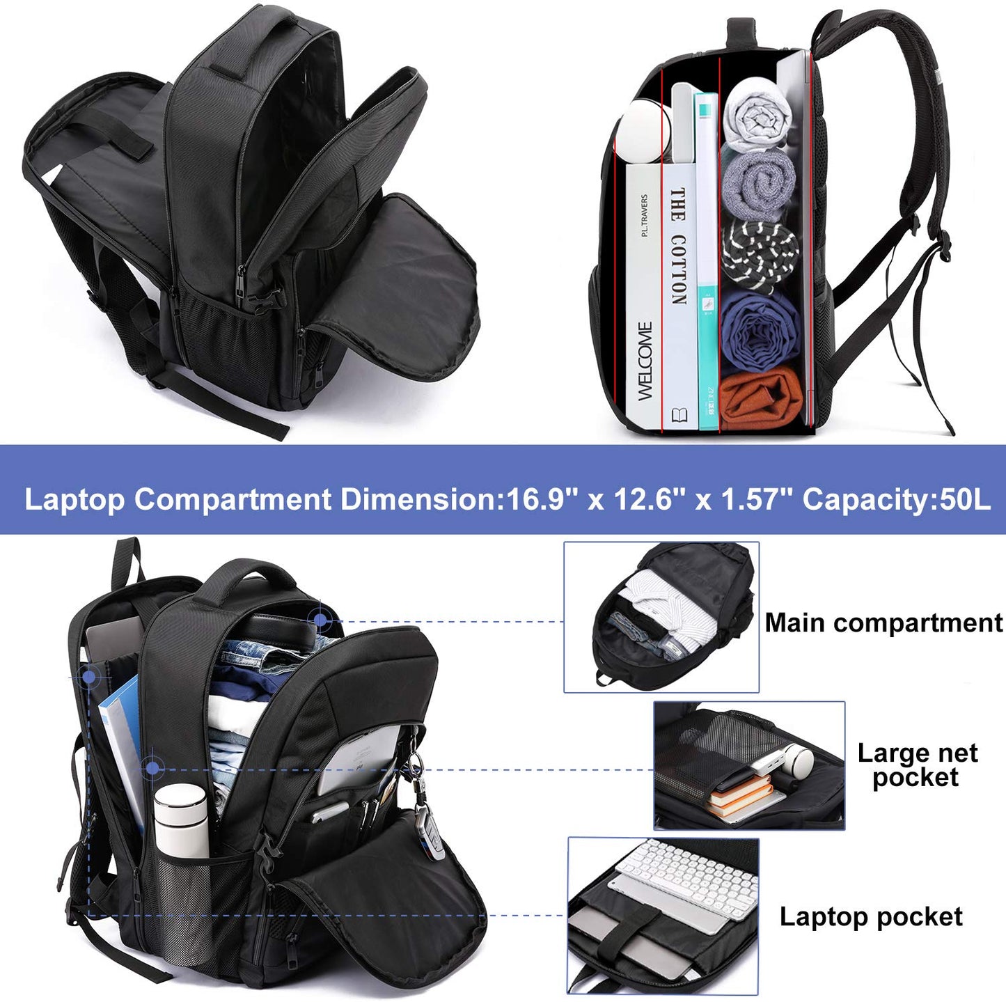 Extra Large Backpack Men 50L Waterproof Work Laptop Backpack for 17 inch with USB Charging Port Business Travel Notebook School Backpack for Men Women Boys Teenagers Black