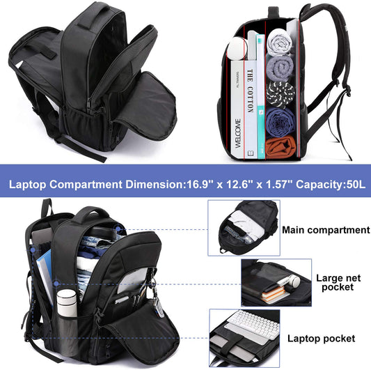 Extra Large Backpack Men 50L Waterproof Work Laptop Backpack for 17 inch with USB Charging Port Business Travel Notebook School Backpack for Men Women Boys Teenagers Black