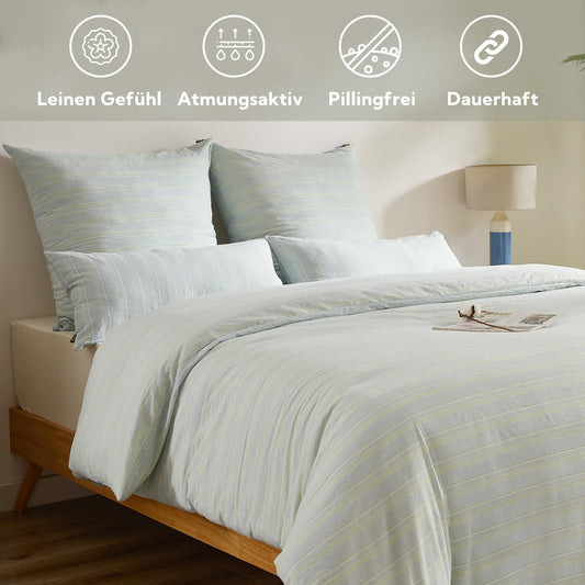 SOULFUL bedding set 135x200 made of striped cotton, 100% washed cotton, light green color, ÖKOTEX certified. Includes 1 duvet cover 135x200 and 1 pillowcase 80x80.