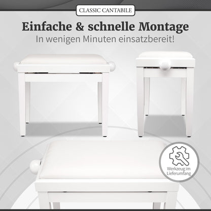 Classic Cantabile Piano Bench White High Gloss - Adjustable height from 47-56cm - Piano stool with spindle mechanism - Piano bench seat 55 x 32cm - White piano chair with velour cover, stable