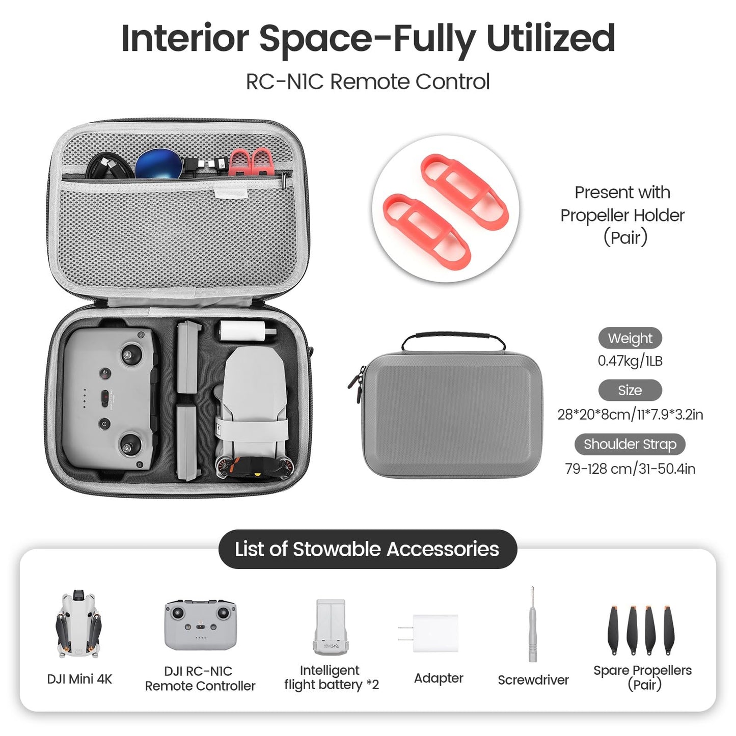 Uvafly Mini 4K Bag, portable storage bag, compact travel bag for DJI Mini 2 SE drone and controller accessories with carrying strap and propeller mounts
