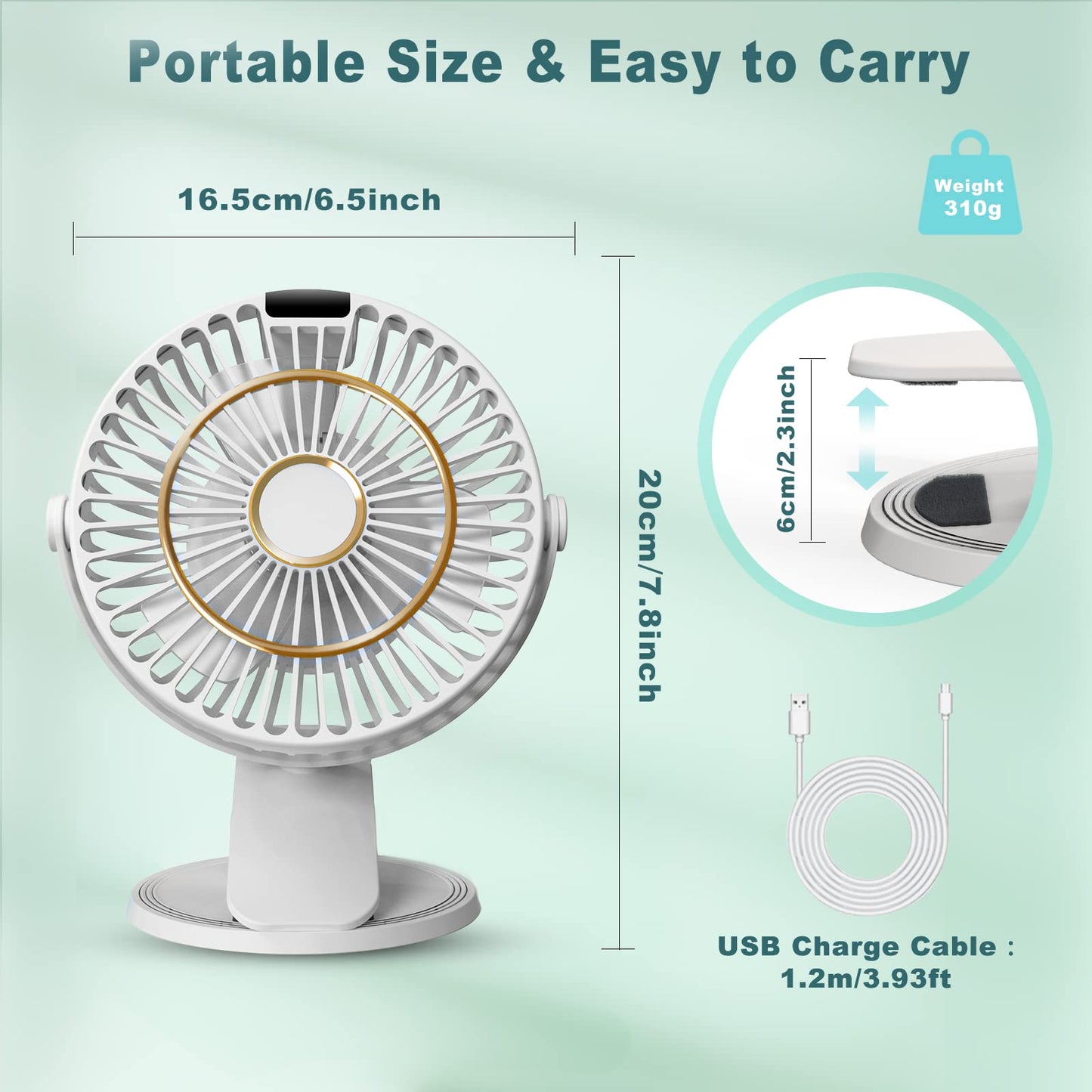 COZII Mini Fan, Clip Fan USB Fan Desk Fan Quiet with Battery, 5 Speeds 720° Rotation, 16cm Portable Table Fan for Home, Office, Outdoor, Travel (White)